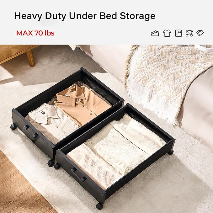 Under Bed Storage with Wheels, Wooden Under Bed Drawers On Wheels, Rolling - Image 3
