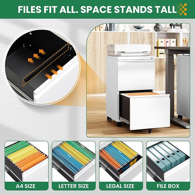 Mobile File Cabinet with Lock, 2 Drawer Under Desk Filing Cabinet with Wheels - Image 5