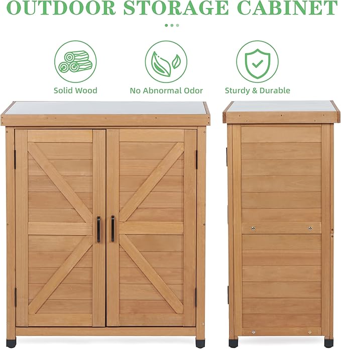 Outdoor Potting Bench with Storage Cabinet and Metal Top, Wood Workstation - Image 5