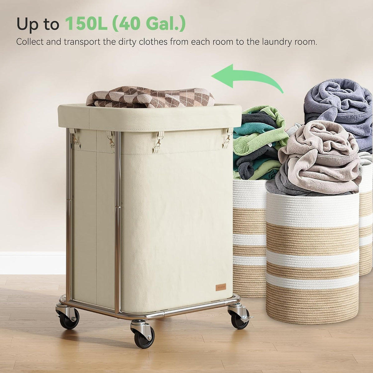 Laundry Basket with Wheels 150L/40Gal, Rolling Laundry Hamper with
