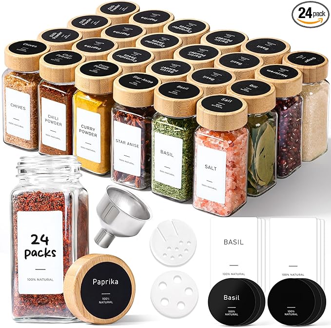 ComSaf Spice Jars with Label 4 oz 24Pcs, Glass Spice Jars with 6 Extra Shaker by ComSaf