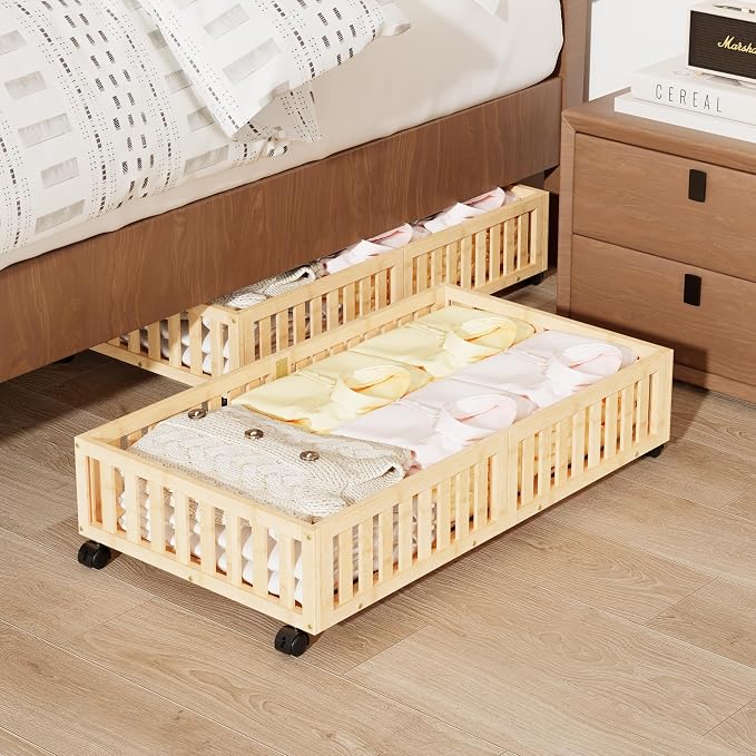Bamboo Under Bed Storage with Wheels, Rolling Underbed Shoe Organizer Box by Bambooflow