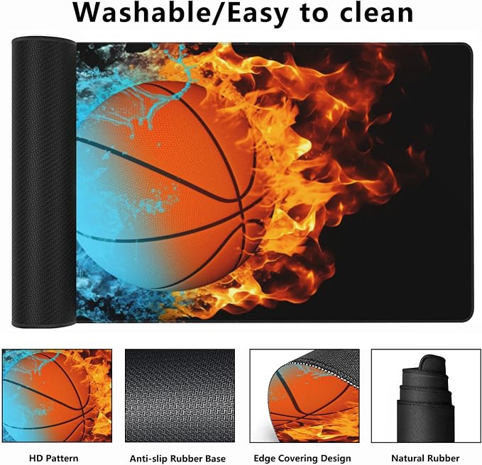 Gaming Mouse Mat Basketball Ball in Fire and Water Large Mouse Pad Extended - Image 2