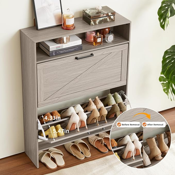 Shoe Storage Cabinet with 2 Flip Drawers, Farmhouse Narrow Shoe Organizer with - Image 3
