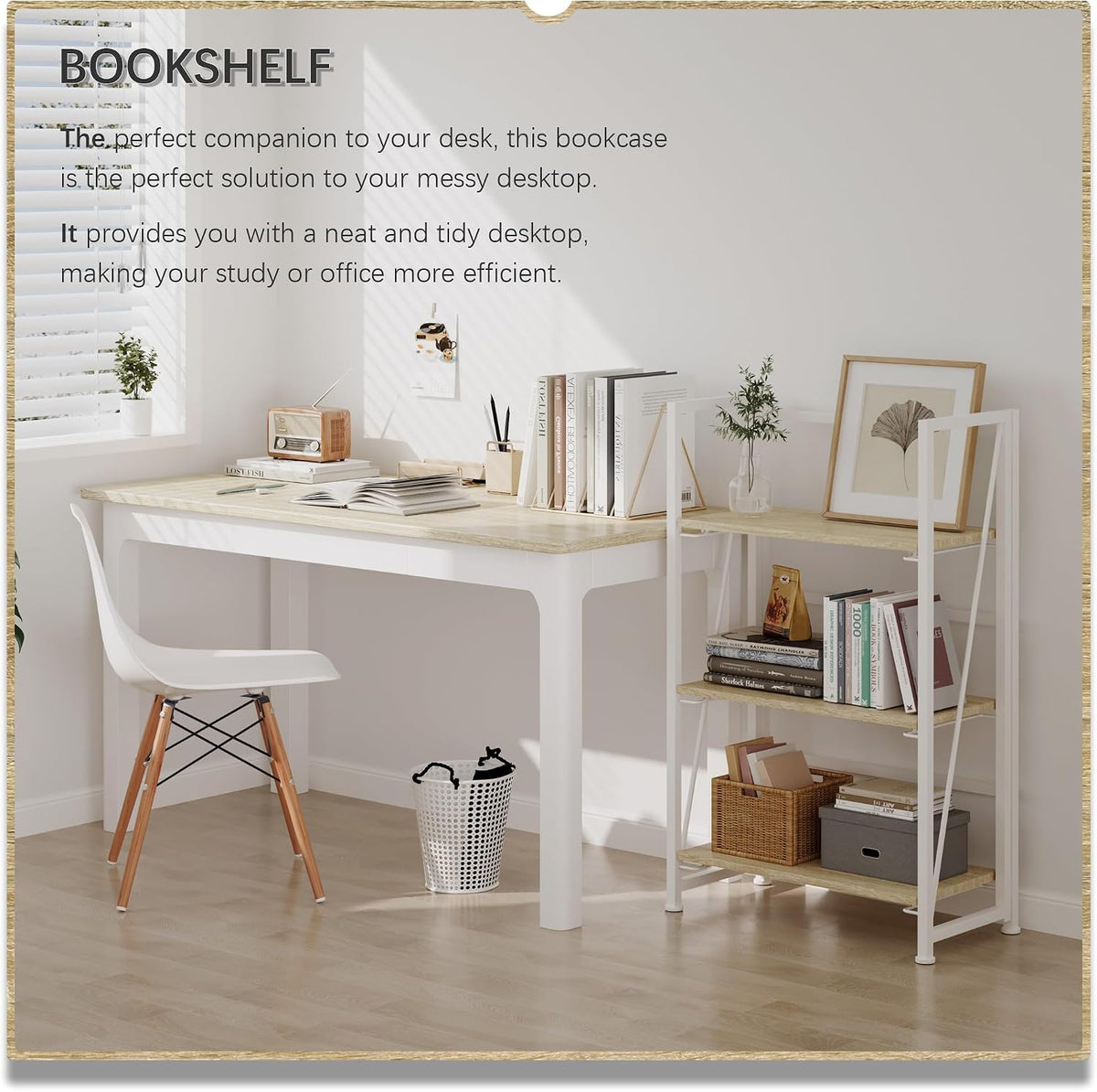 No Assembly Folding Bookshelf Storage Shelves 3 Tier Vintage Bookcase