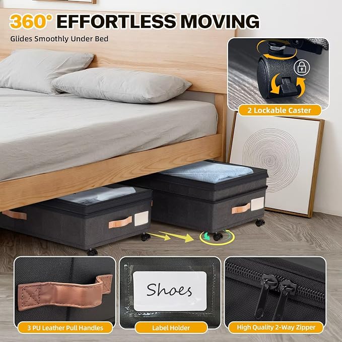 Under Bed Storage with Wheels, 2 Packs XXL Underbed Organizer with Lid - Image 3