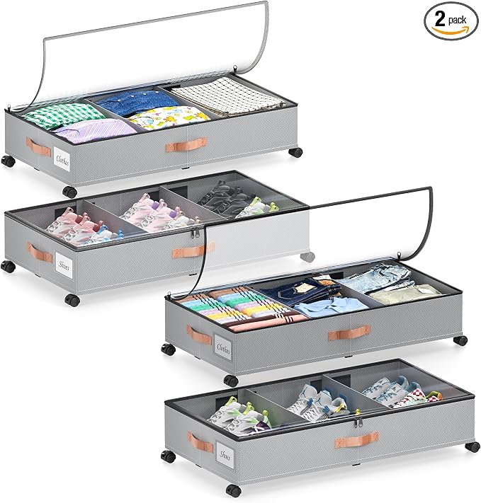 Under Bed Storage with Wheels, 4 Pack Under Bed Storage Container with Dividers by Unknown