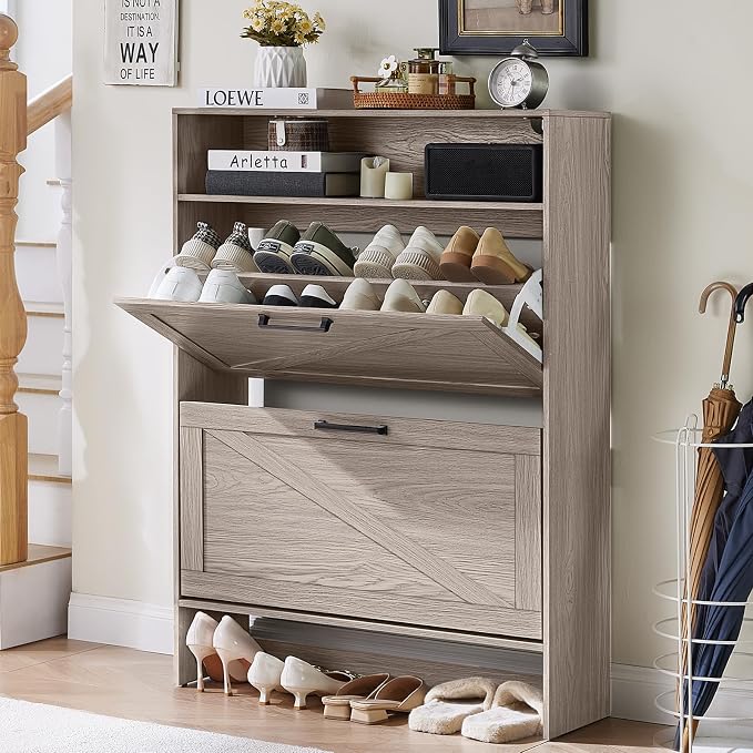 Shoe Storage Cabinet with 2 Flip Drawers, Farmhouse Narrow Shoe Organizer with by RWYHG