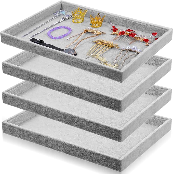 4 Pack Gray Velvet Stackable Jewelry Tray Showcase Display by AojSup