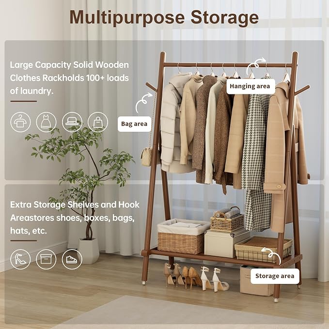 Solid Wood Clothing Rack, Rolling Clothes Rack - Image 3