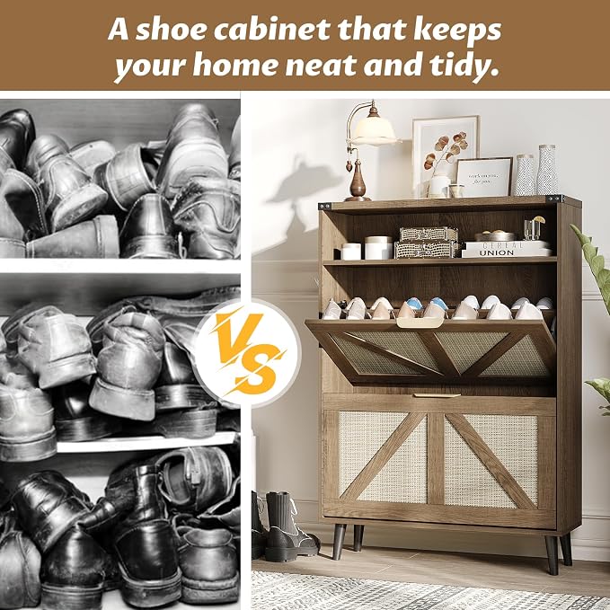 Shoe Cabinet with 2 Flip Drawers & Open Storage, Farmhouse Shoe Storage Cabinet - Image 6