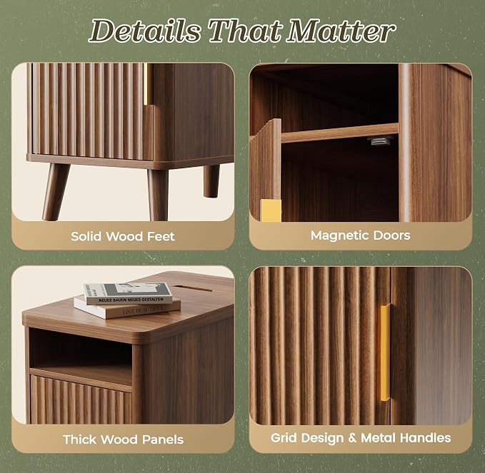 Huuger Narrow Nightstand with Charging Station, USB-C Port, Fluted End Table - Image 9