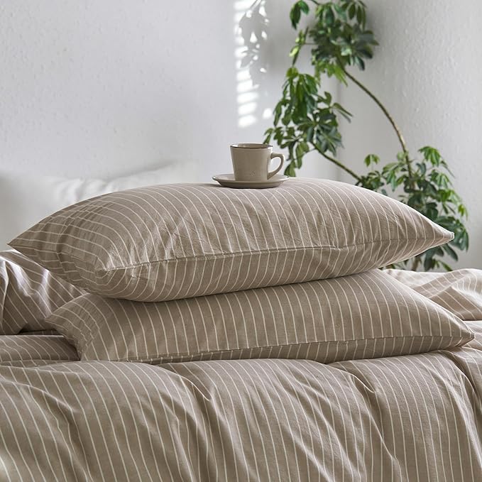 MooMee Bedding Pillowcases Striped Pack of 2 100% Washed Cotton Linen Like by MOOMEE