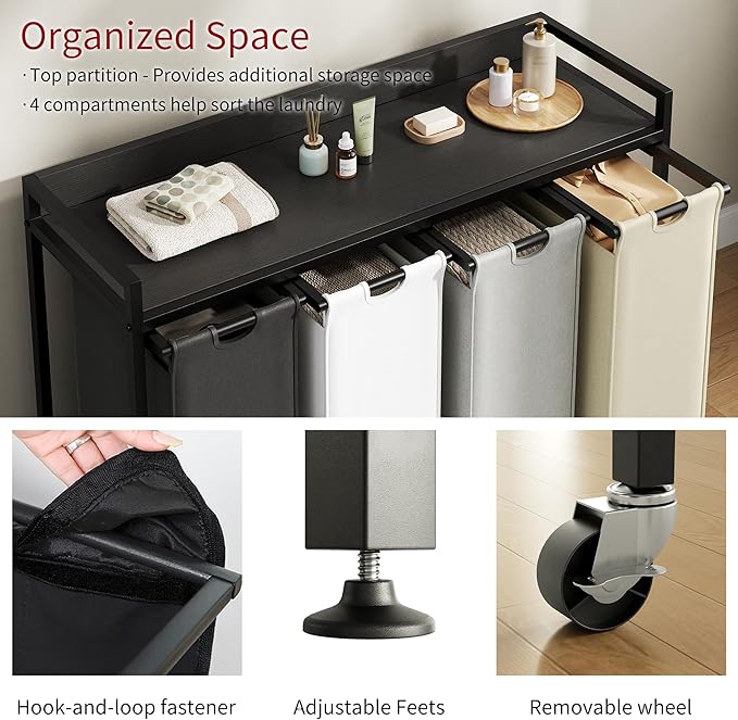 Laundry Hamper with Shelf, Laundry Basket 4 Section, Laundry Sorter with - Image 3