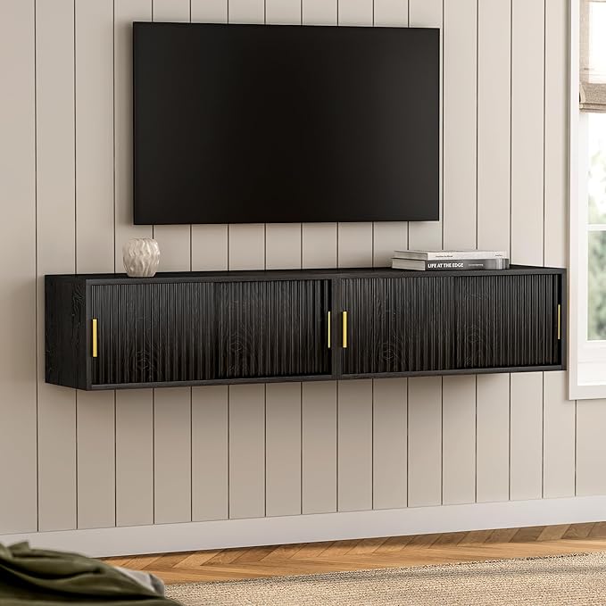 Floating Nightstand with Sliding Doors, Modern Large Night Stand Storage Shelf - Image 2