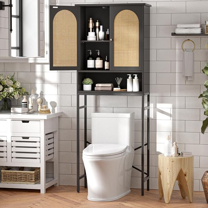 Rattan Toilet Storage Cabinet, Over The Rack Wood Cabinet - Image 3