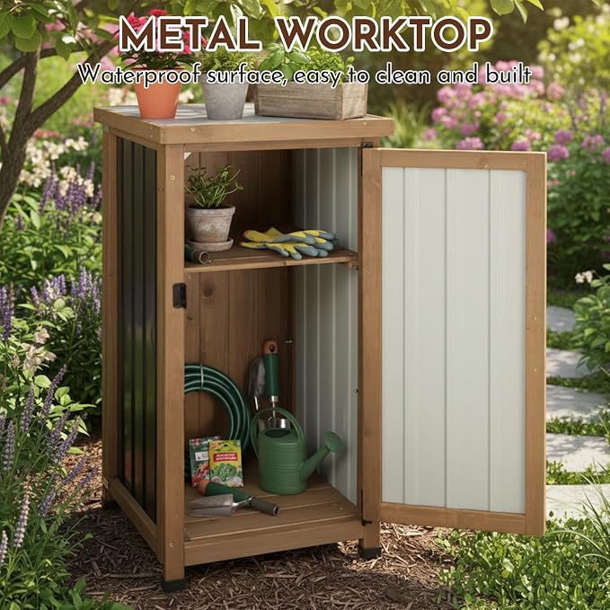 Outdoor Storage Cabinet with Metal Worktop, Fir Wood Frame & Adjustable Shelf - Image 4