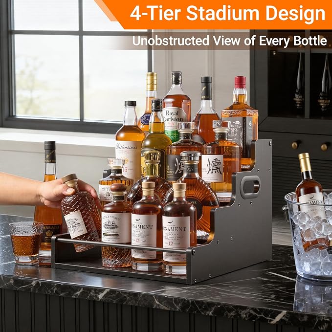 2 Pack 4-Tier Liquor Bottle Display Shelf, 16-Inch Wooden Bar Shelves - Image 2