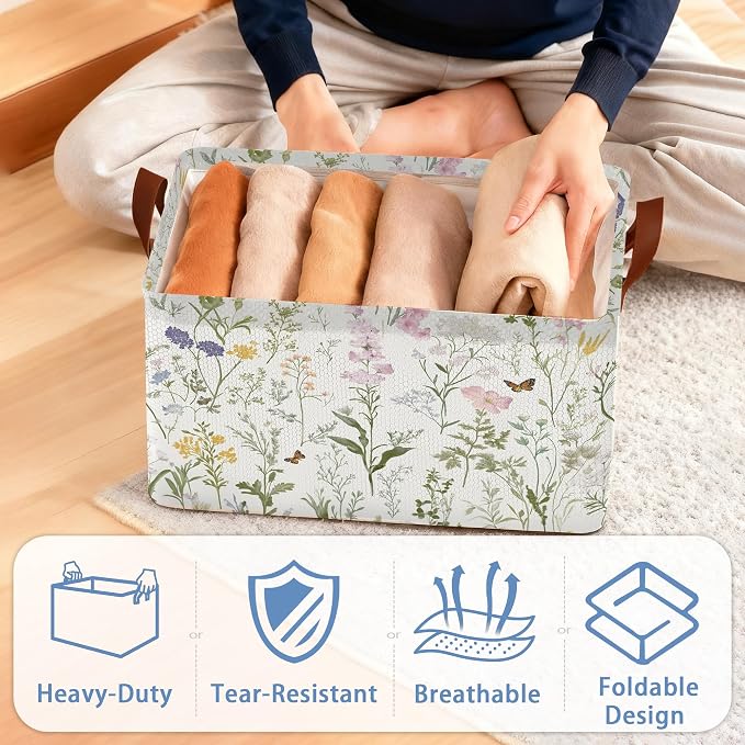 Wildflowers Butterfly Storage Baskets, Plants Botanical Foldable Large Capacity - Image 4