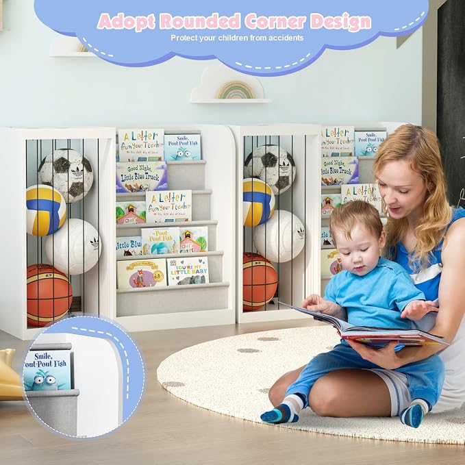 White Kids Bookshelf & Stuffed Animal Net Holder Plush Toy Storage Organizer - Image 7