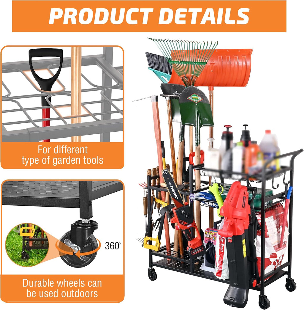 Rolling Garden Tool Organizer with Shelves and Hooks, Black