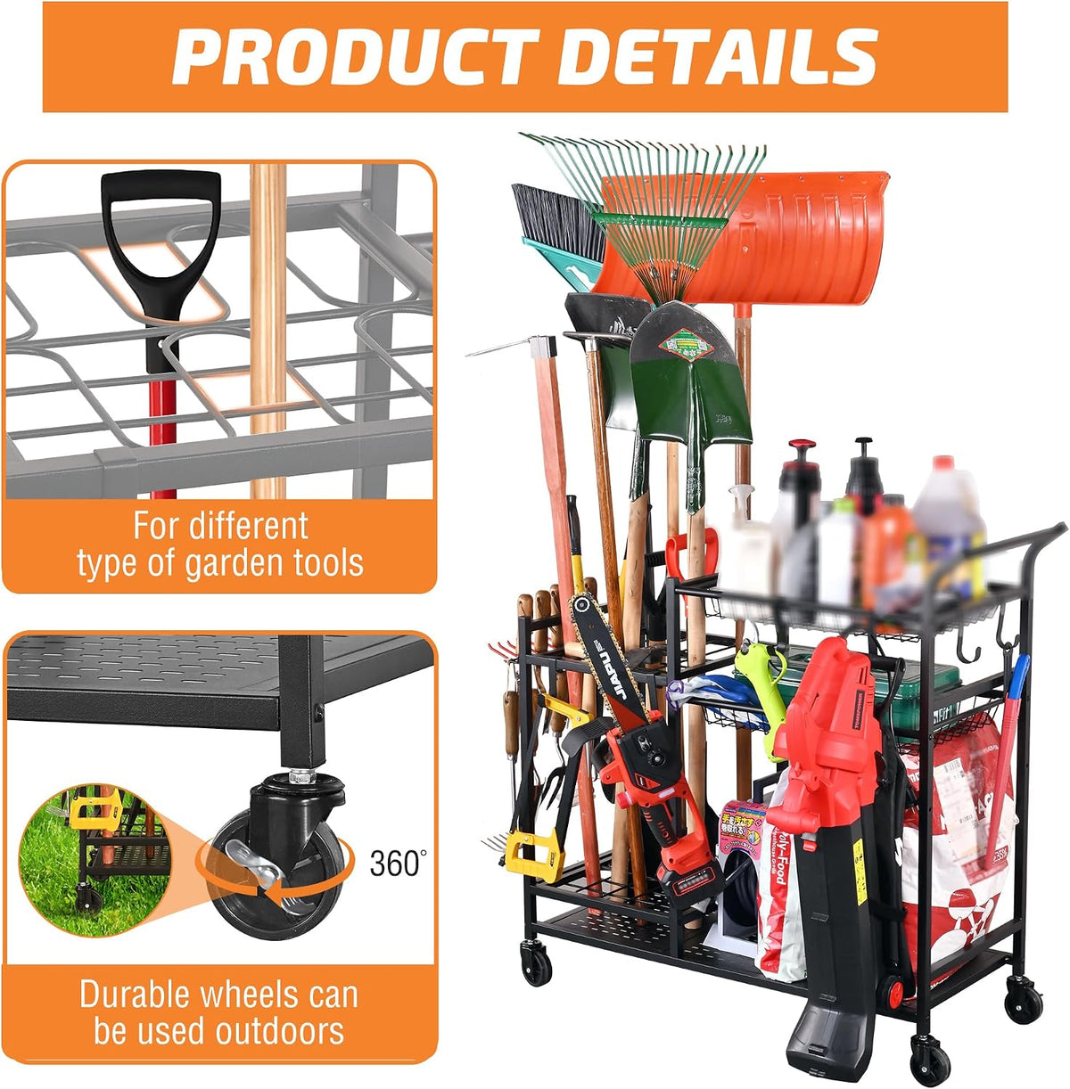 Rolling Garden Tool Organizer with Shelves and Hooks, Black