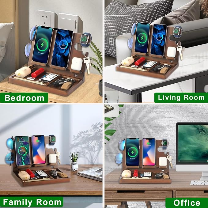 Wood Phone Docking Station Dual Phone Wireless Charging Station Organizer - Image 8