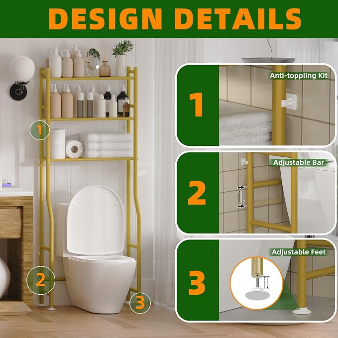 3-Tier Over The Toilet Storage, Space Saver Metal Bathroom Shelves, - Image 4
