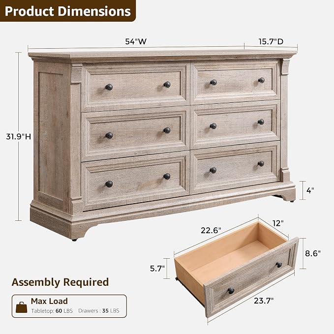 Farmhouse 6 Drawers Dresser for Bedroom, Wooden Dresser TV Stand - Image 2
