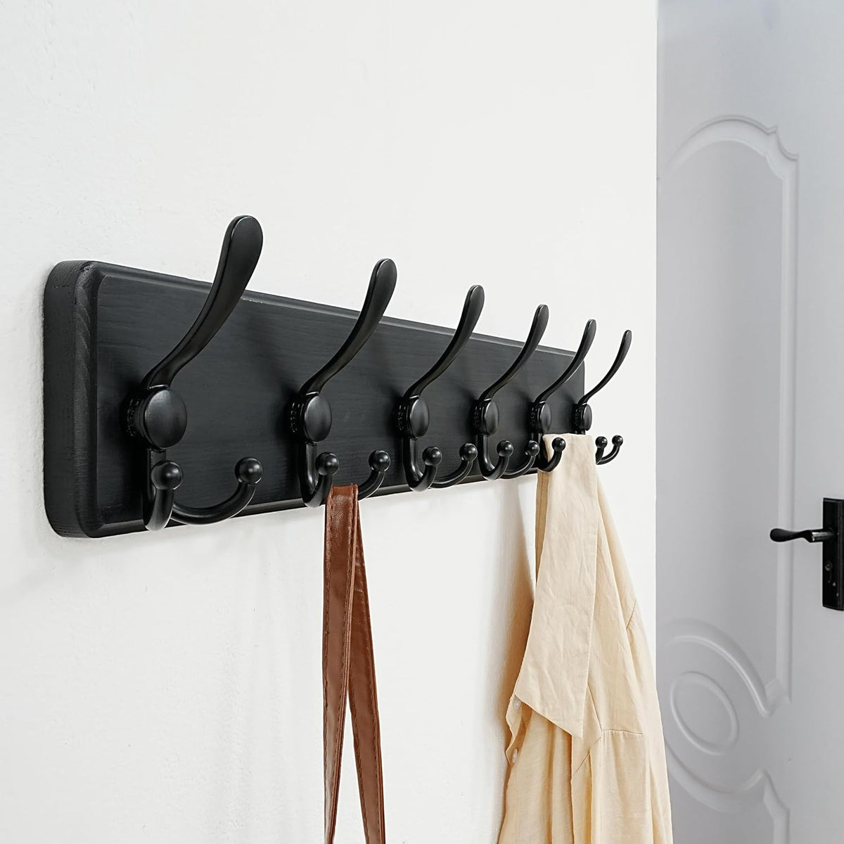 Coat Rack Wall Mounted - 24" Long 6 Tri Hooks, Heavy Duty Wooden Wall