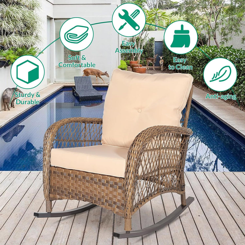 Outdoor Wicker Rocking Chair, Patio Rattan Rocker Chair with Cushions