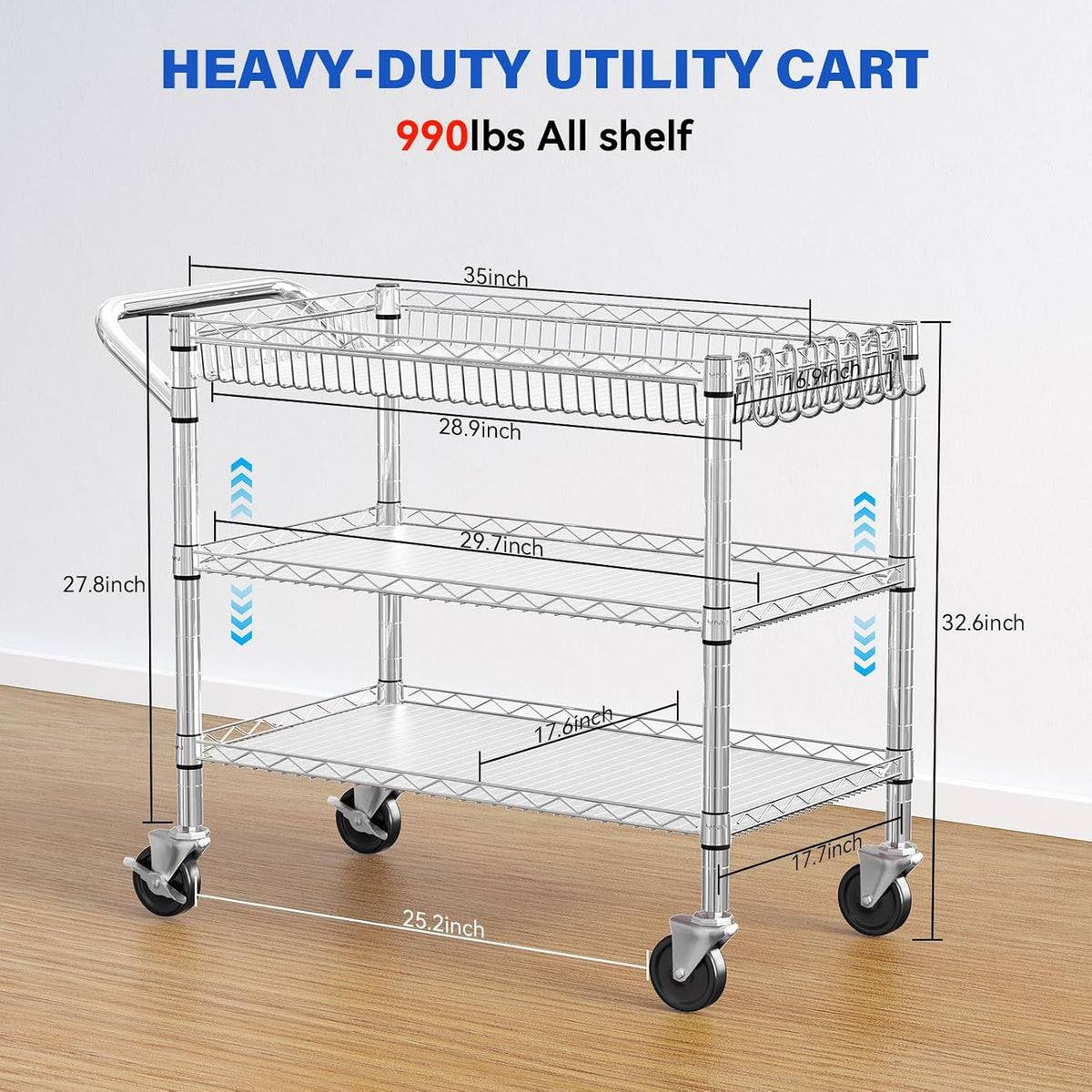 YNN Chrome Utility Rolling Cart,990Lbs 3 Tier Heavy Duty Metal Cart