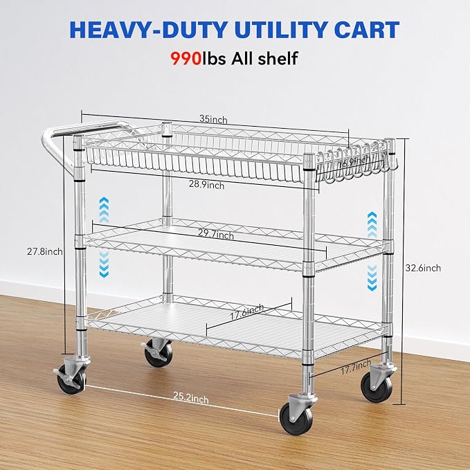 YNN Chrome Utility Rolling Cart, 990Lbs 3 Tier Heavy Duty Metal Cart - Image 2