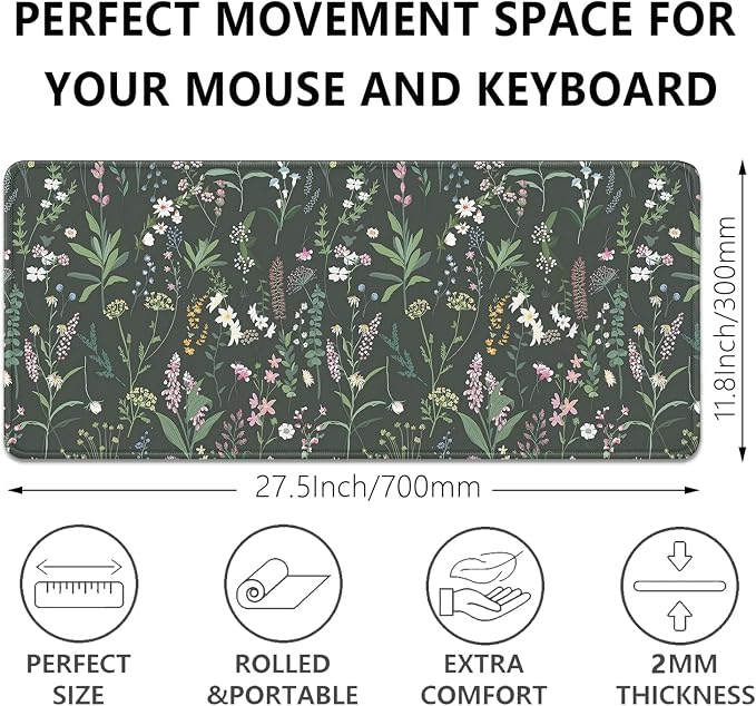 Green Plant Floral Mouse Pad, Large Flowers Mousepad Desk Pad - Image 3