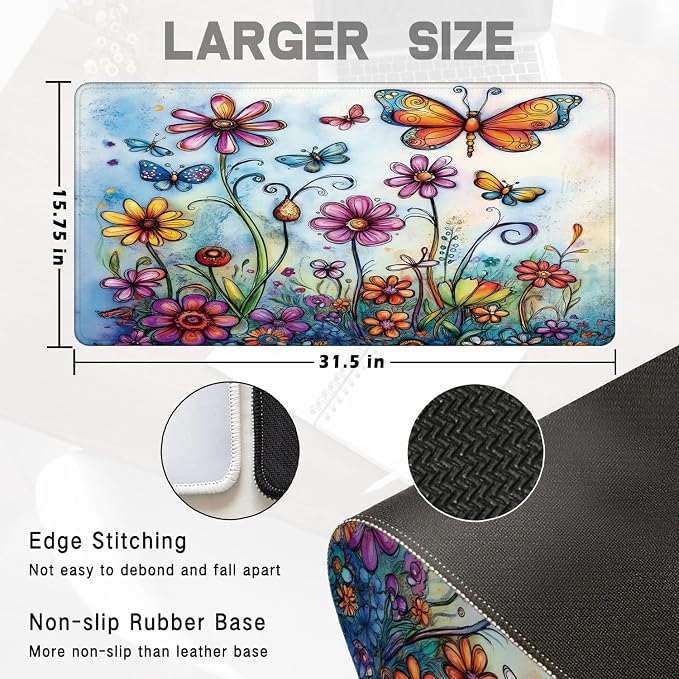 Vintage Hippie Floral Butterfly Large Mouse Pad 31.5x15.7inch, Retro Hippy - Image 2