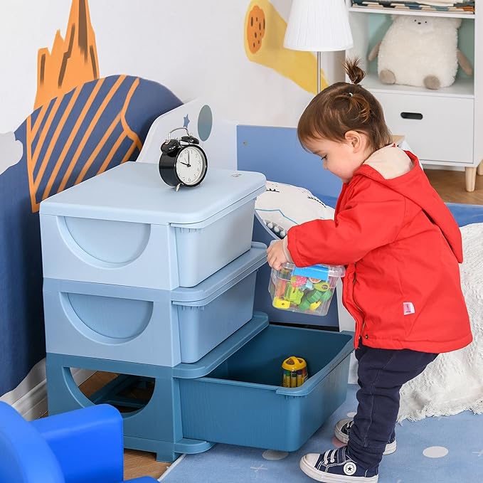 Qaba 3 Tier Kids Storage Unit, 3 Drawer Chest Toy Organizer Plastic Bins - Image 2