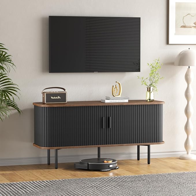 55''W Black Cabinet with Storage, Media Console, Tambour TV Stand, Television - Image 9