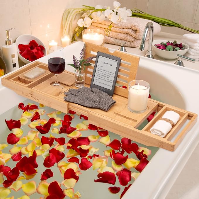 Temple Spring Wooden Bathtub Tray, Bamboo Bathroom Accessories, Bath Tray - Image 7