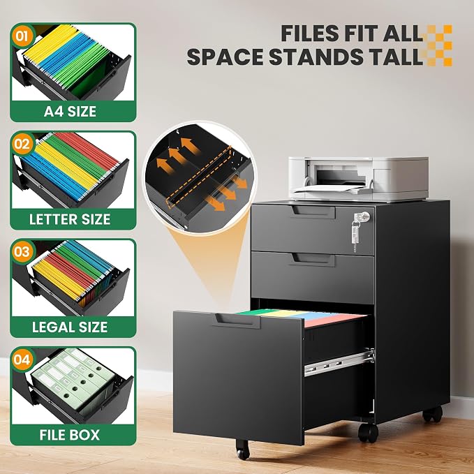 Mobile File Cabinet, 3 Drawer Locking Storage Filing Cabinet, Office Metal - Image 5