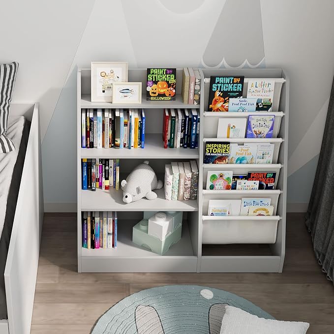 Gray 4 Tier Kids Wooden Bookshelf, Five Layer Sling Toddler Front Facing - Image 9