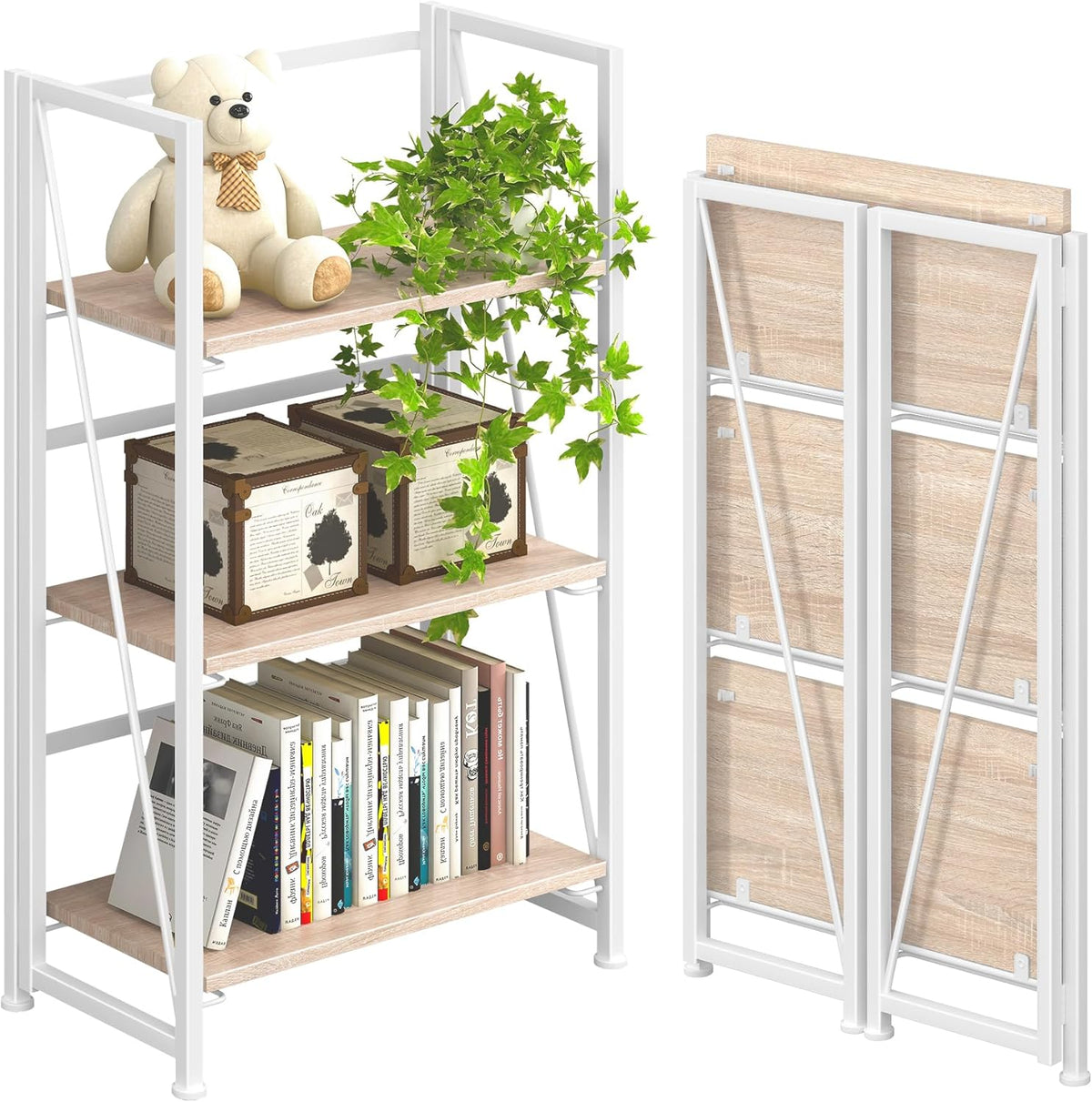No Assembly Folding Bookshelf Storage Shelves 3 Tier Vintage Bookcase
