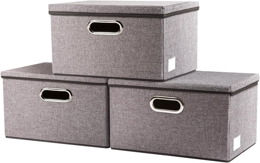 Storage Bins with Lids [3-Pack] Linen Fabric Foldable Storage Boxes