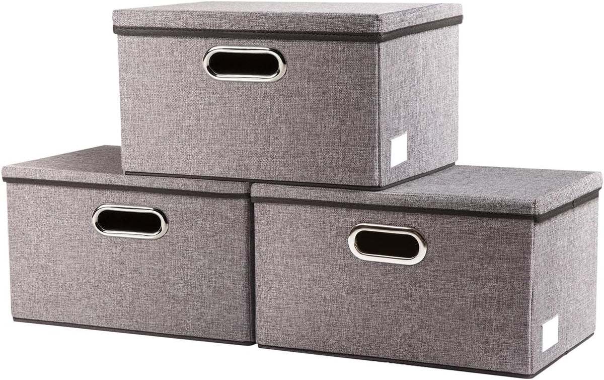 Storage Bins with Lids [3-Pack] Linen Fabric Foldable Storage Boxes