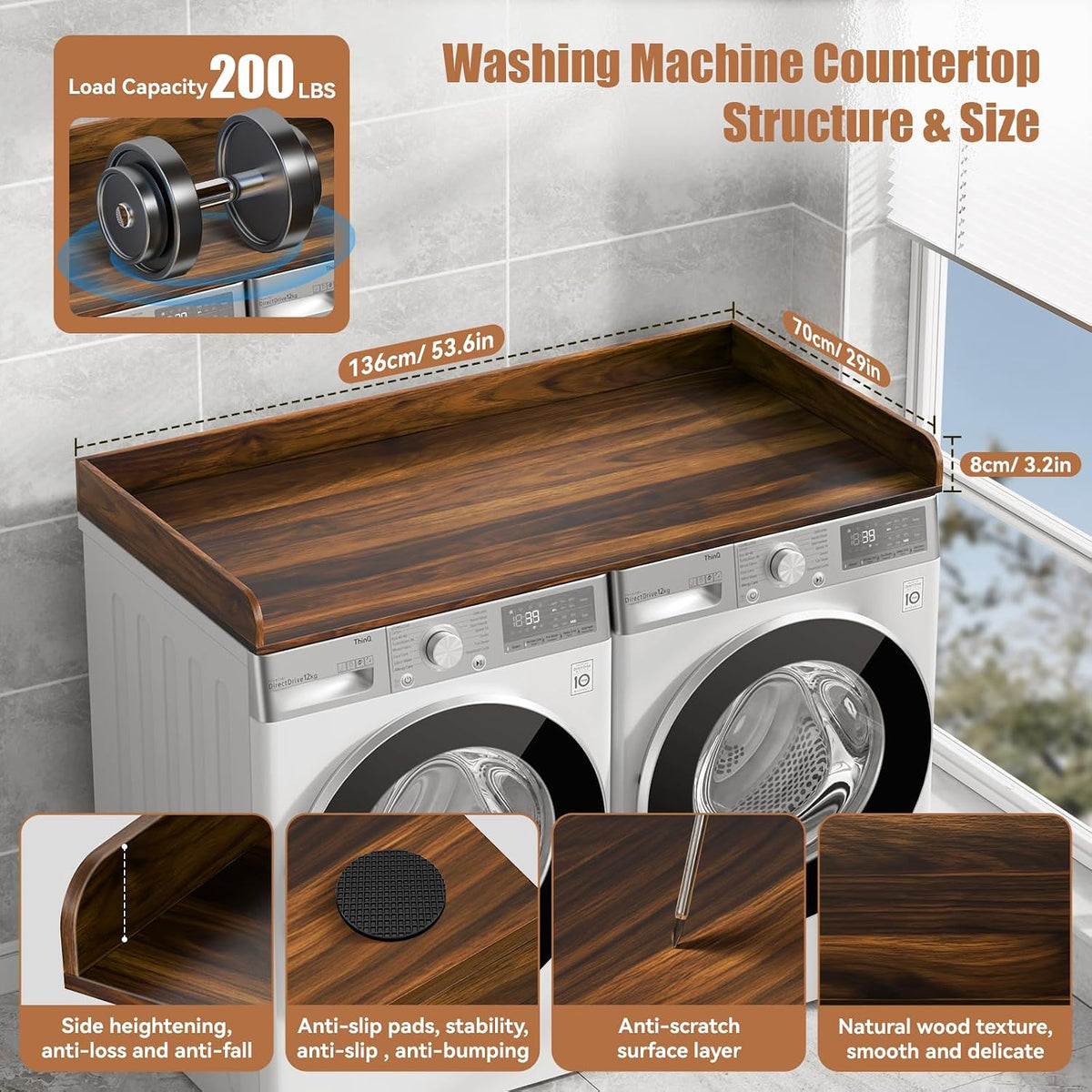 Washer Dryer Countertop, 27.5" D x 54" W Washer and Dryer Topper