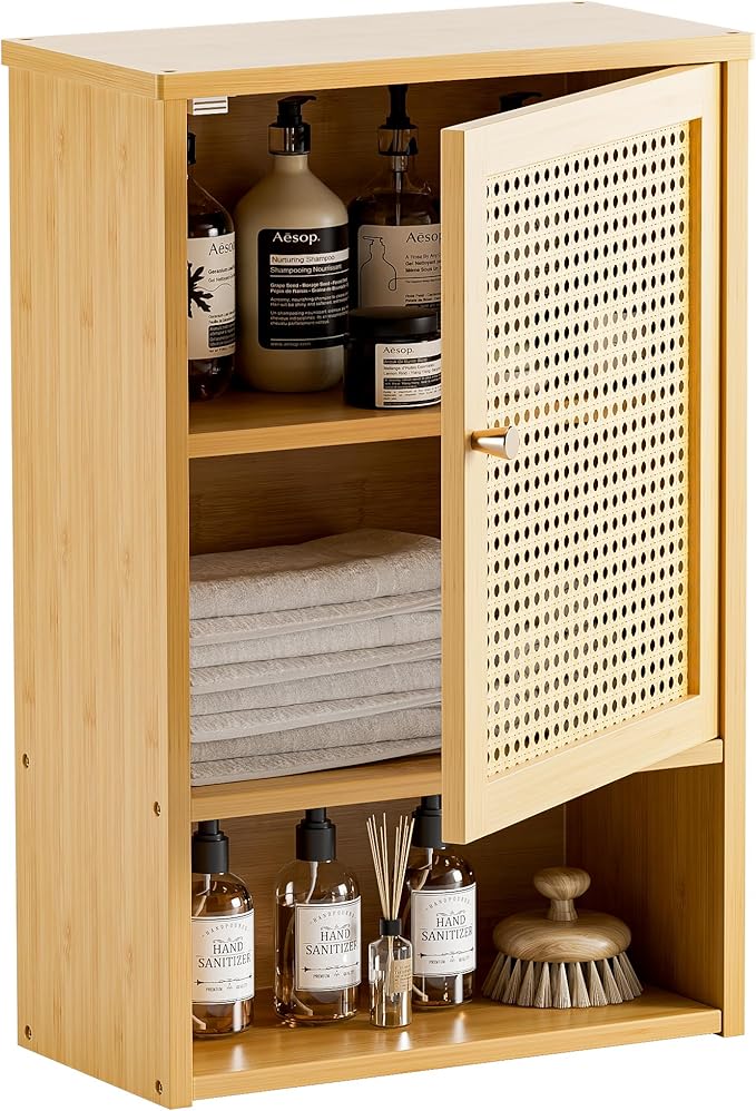 HITNET Bathroom Wall Cabinet, Rattan Medicine Cabinet, Bamboo Hanging Storage by HITNET