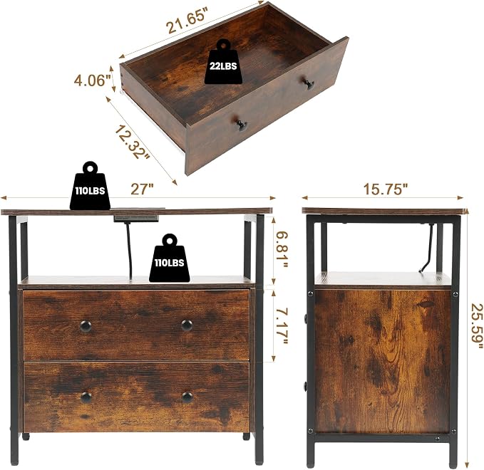 27 inch Wide Night Stand with Charging Station, Bedside Table with Open Shelf - Image 3