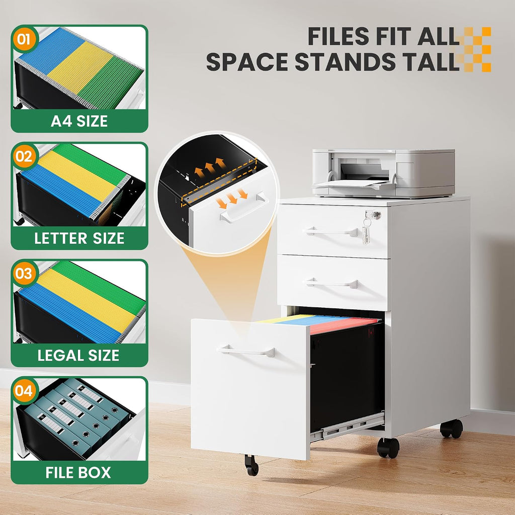 3 Drawer Slim File Cabinet, Mobile File Cabinet with Lock for Home