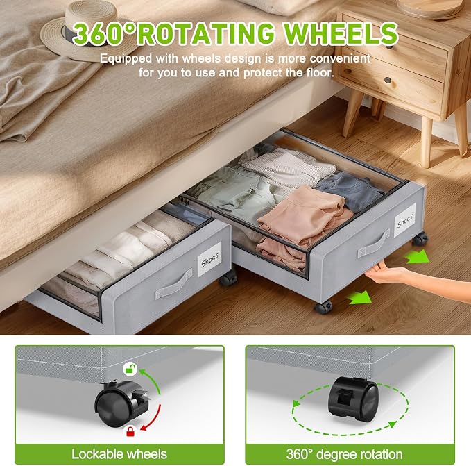 Under Bed Storage with Wheels, Under Bed Shoe Storage Organizer Bins, Rolling - Image 3