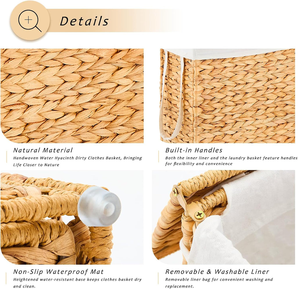 Slim Laundry Hamper with Lid, Handwoven Natural Water Hyacinth Basket