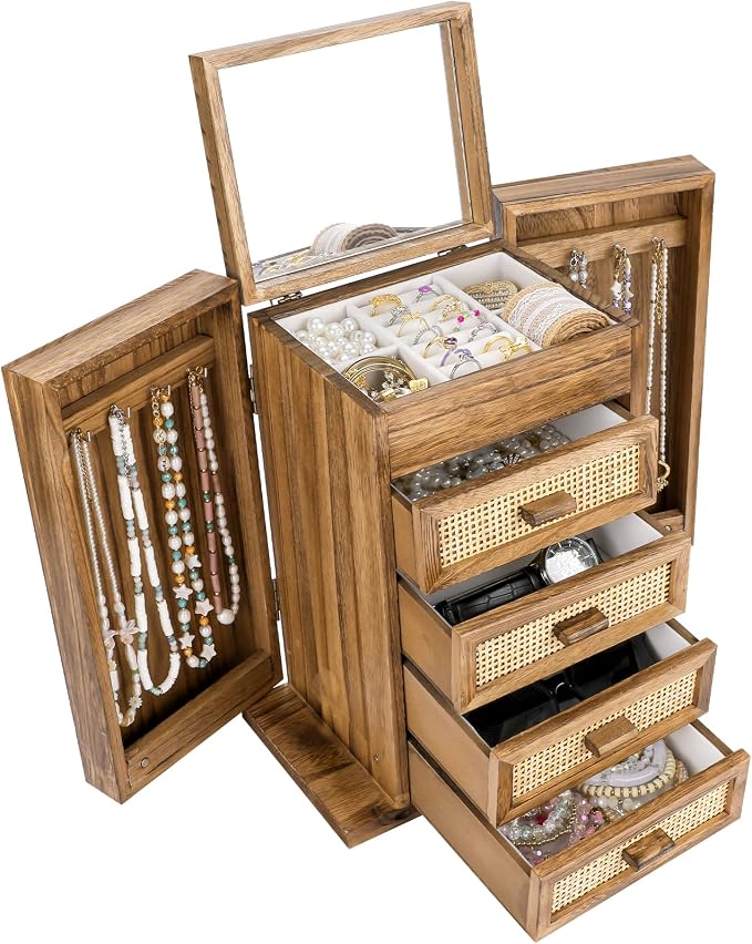 Jewelry Organizer, Rattan Jewelry Box, 5 Layer Wooden Jewelry Organizer Box by MissRabbit